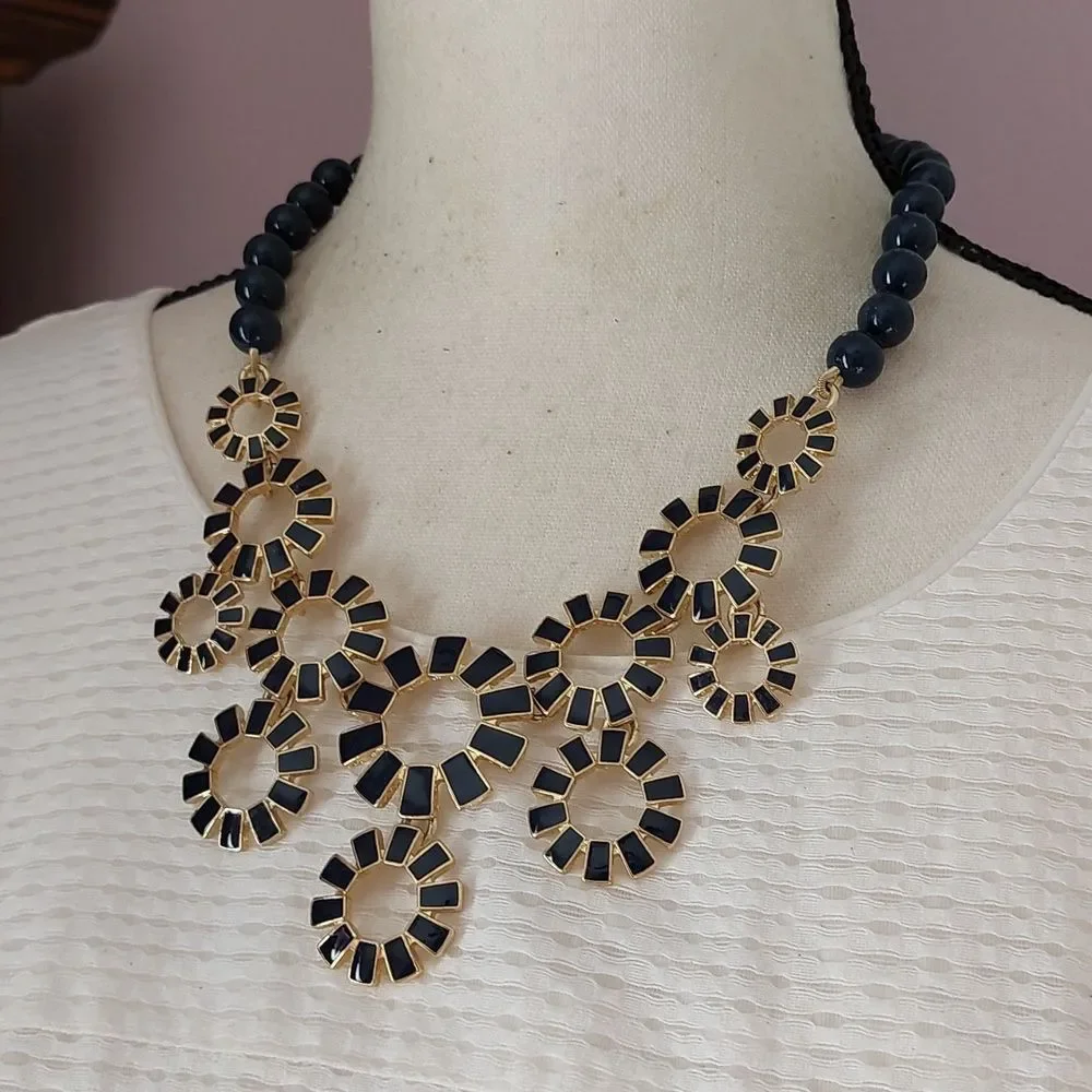 Talbots Gold Tone and Navy Blue Enameled Sunburst and Beads Statement Necklace - Picture 2 of 6